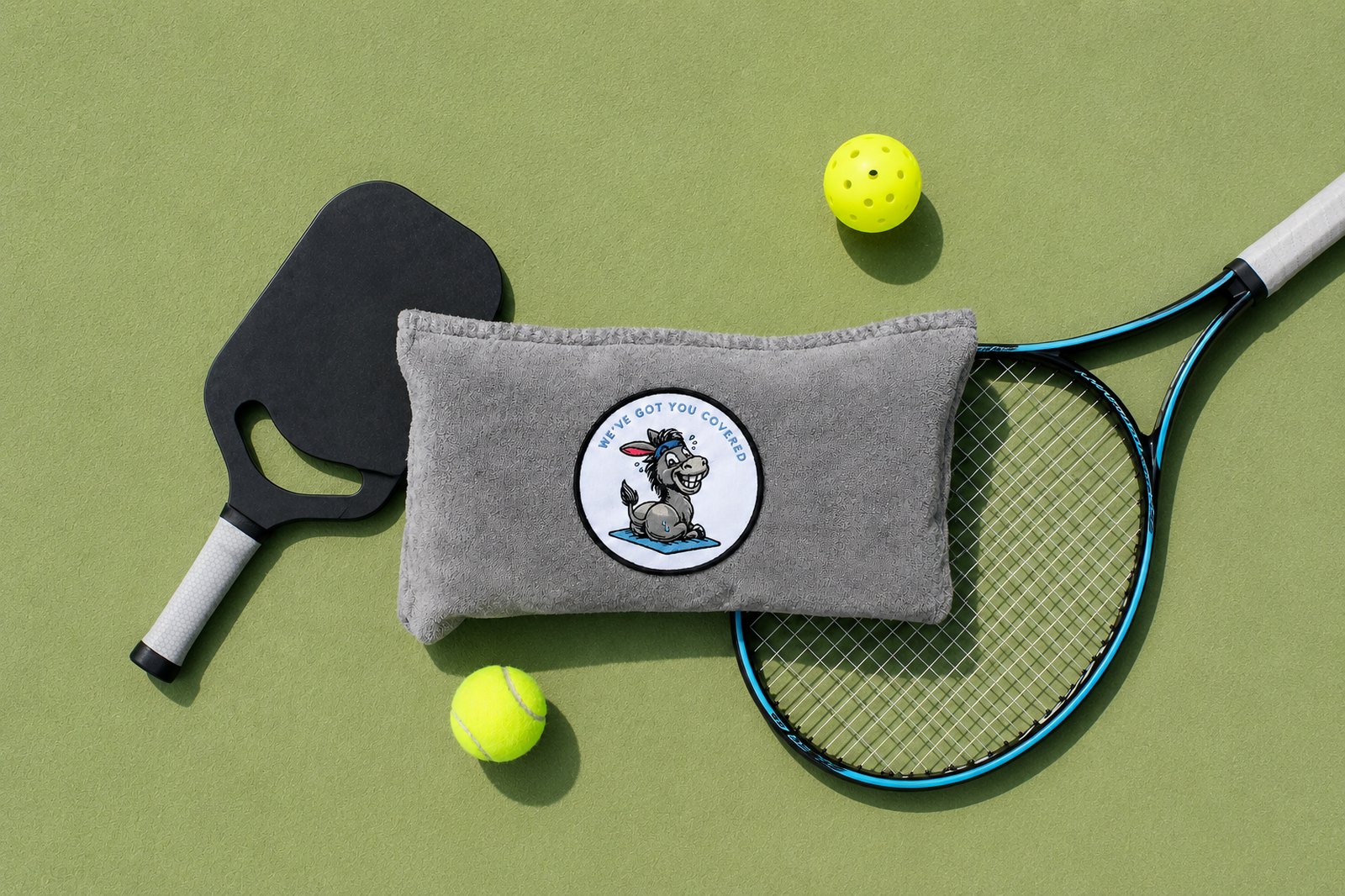 Grey Sweaty Ass Towel folded next to a pickleball paddle, racket, and balls on a court
