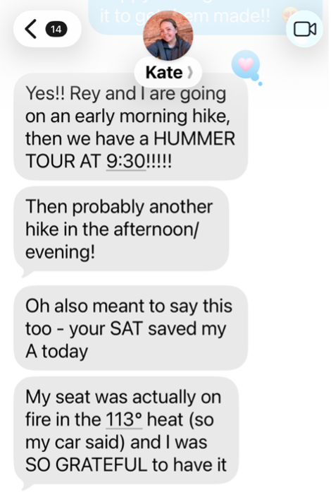 Text message from Pam's daughter, July 14, 2023, from Moab, Utah, saying the Sweaty Ass Towel saved her car seat in 113-degree heat
